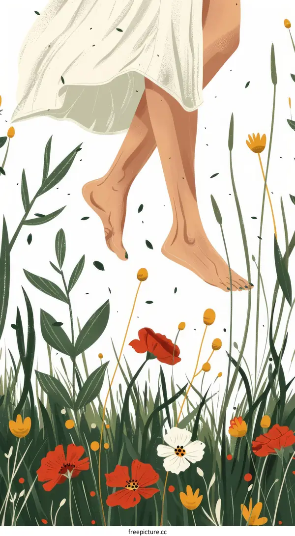 Barefoot Woman Walking Through a Field of Flowers