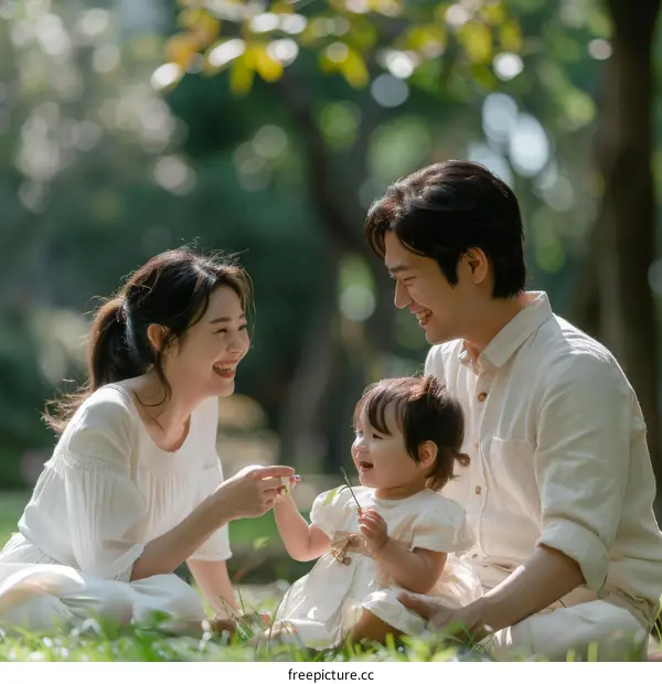 Happy family of three playing in the park