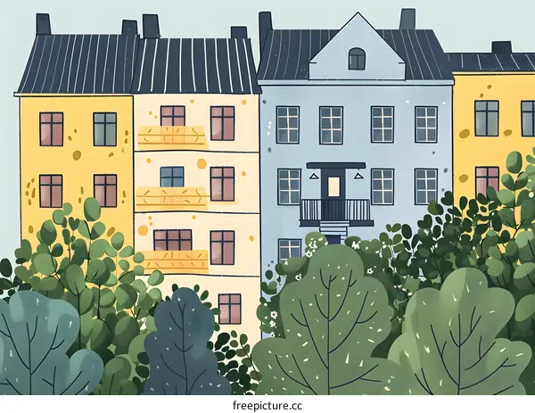 Colorful Buildings with Green Bushes