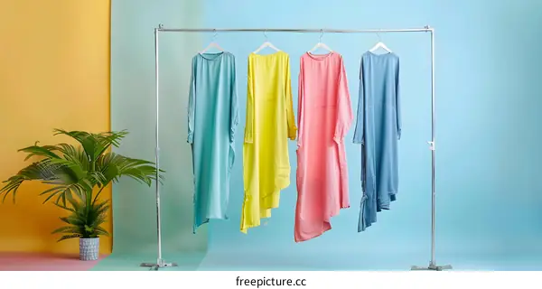 Four Colorful Dresses Hanging On A Rack Against A Pastel Blue Background