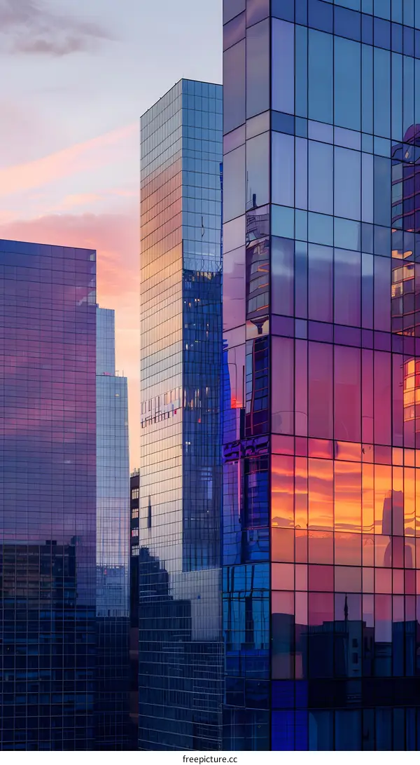 Glass Buildings Reflecting Sunset Sky