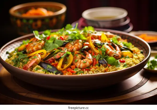 Seafood Paella with vegetables, clams, mussels, and shrimp
