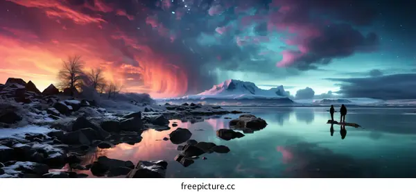 Aurora borealis landscape with snowy mountains and a starry sky