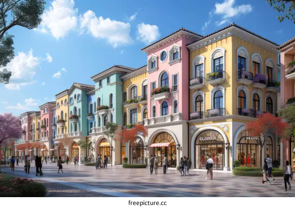 A rendering of a colorful European-style street with people walking around
