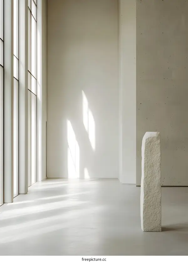 Minimalist Modern Gallery Interior with Stone Sculpture and Sunlight