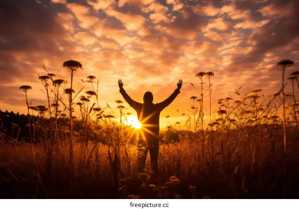 Man in the Field Raising His Hands to the Sky