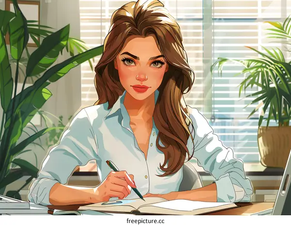 Businesswoman in home office writing in notebook