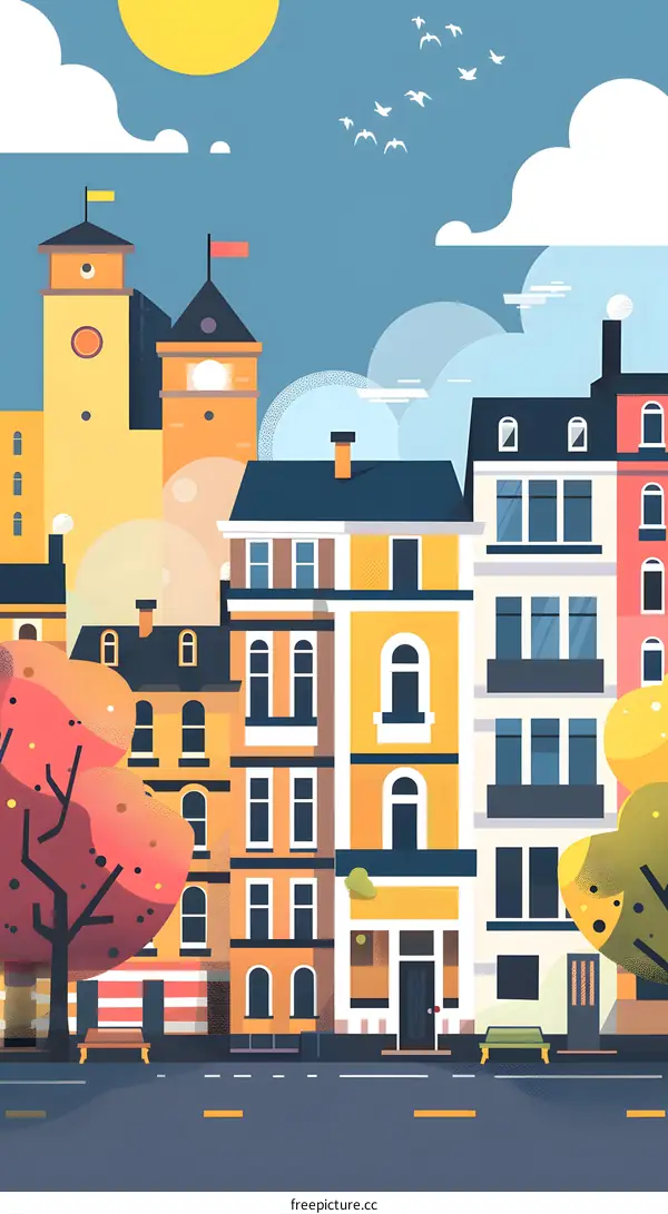 Colorful Illustration of Cityscape with Buildings and Trees