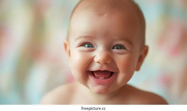 Portrait of a smiling baby with two teeth