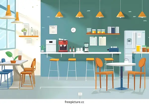 Modern Office Kitchen Interior Design with a Coffee Machine and Bar Stools