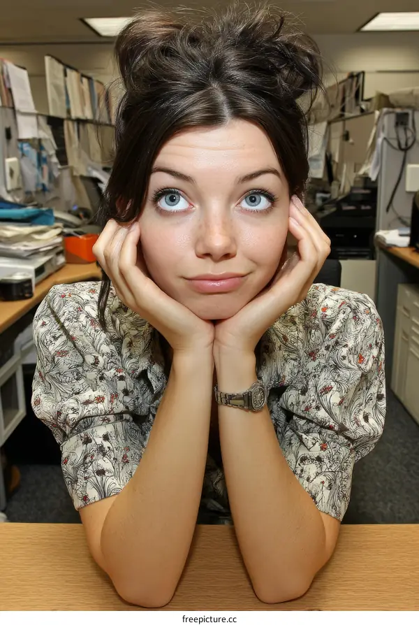 A Caucasian Woman Leaning Her Head on Her Hands at Work