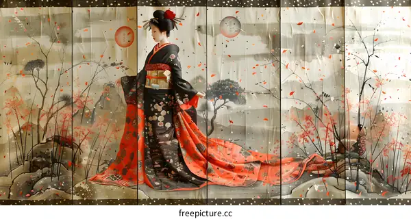 A Japanese woman wearing a kimono is standing in a field of red flowers.