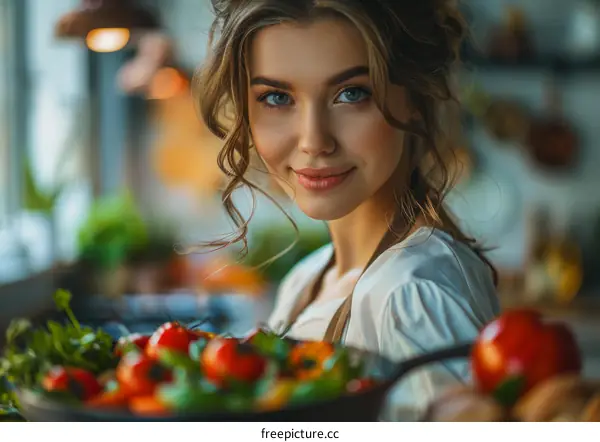 Joyful Woman Cooking in Cozy Kitchen