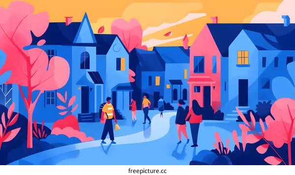 People Walking on a Street with Houses in the Background