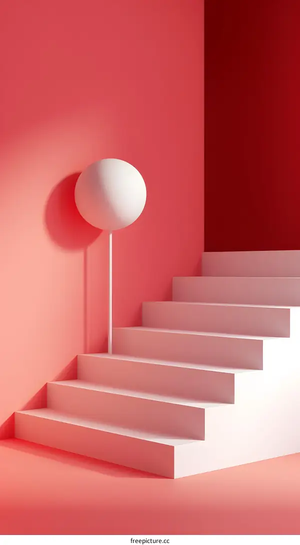 Abstract Minimalist 3D Illustration of a White Ball on a Stick Over a White Staircase in a Pink and Red Room