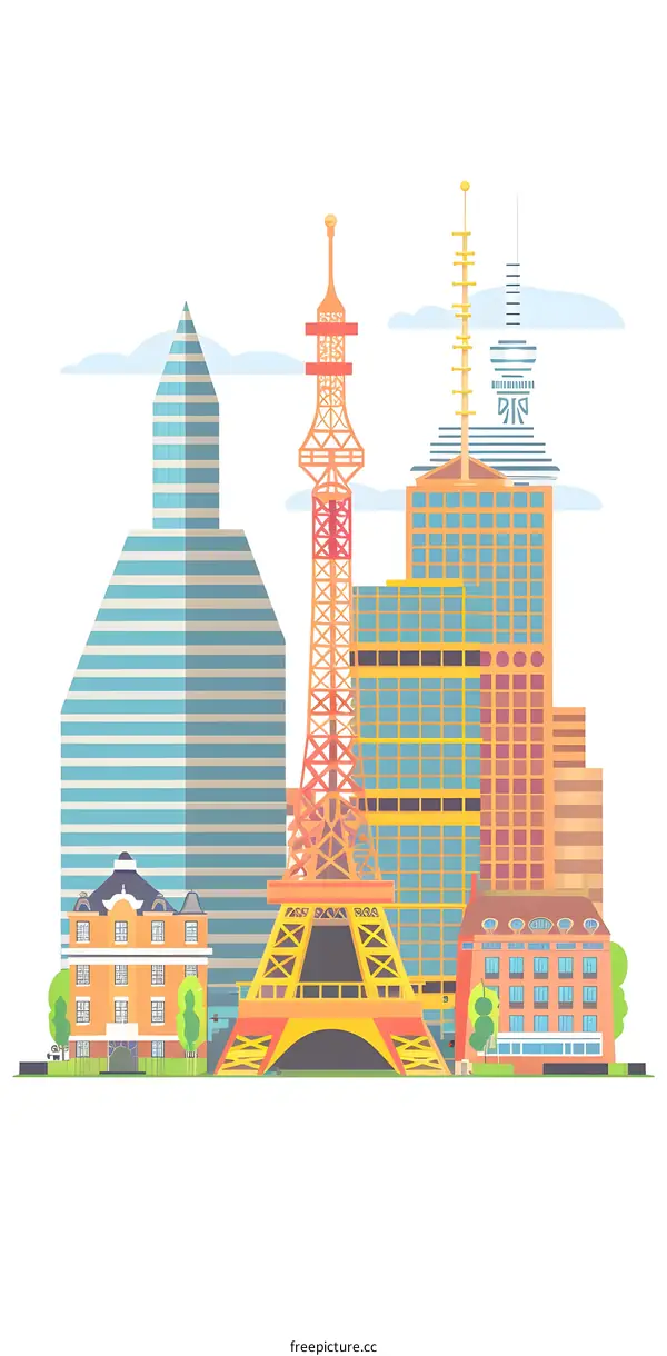 Cartoon Illustration of a Cityscape with Buildings and a Tower