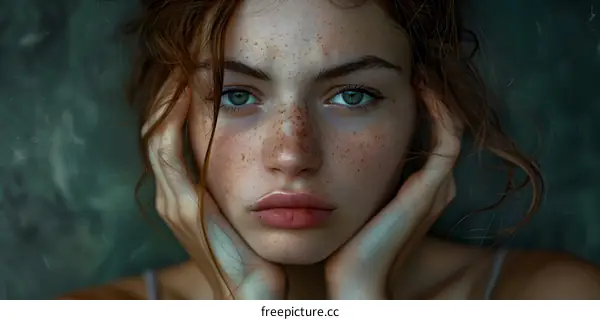 Portrait of a young woman with freckles on her face