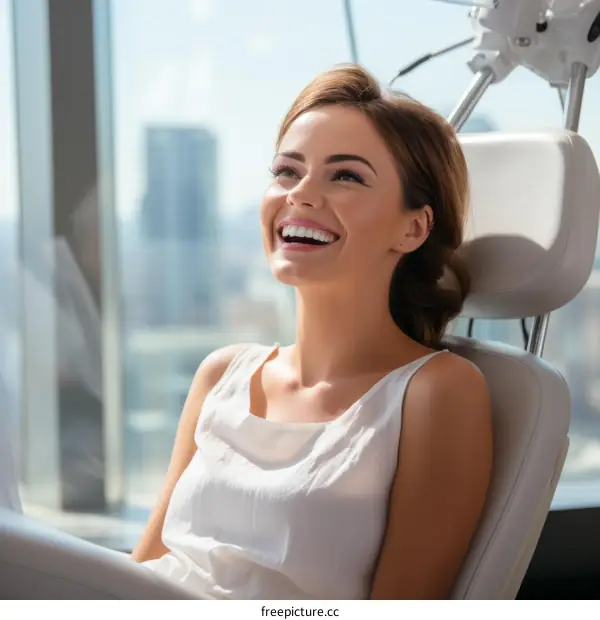 Laughing woman sitting in a dentist chair