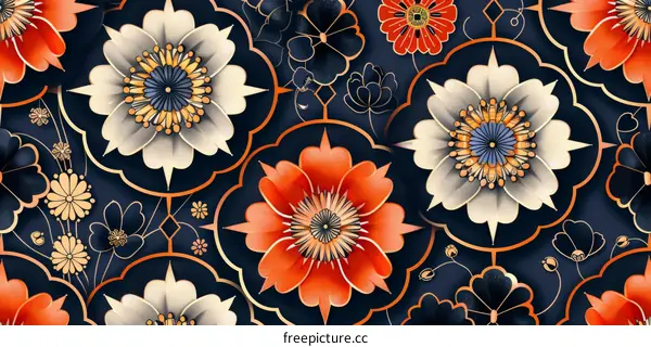 A seamless pattern of chrysanthemums and other flowers in a Japanese style