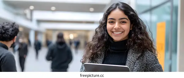 Smiling Young Woman Holding Tablet In University Hallway