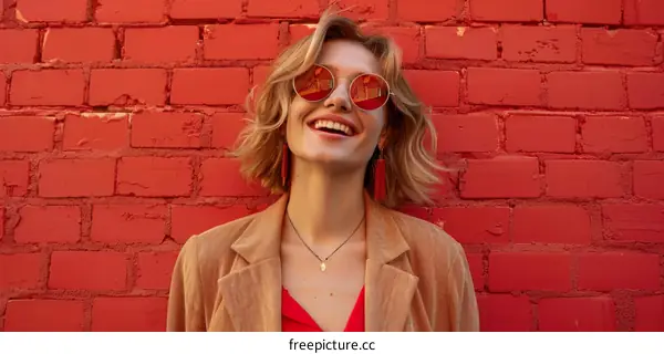 Blonde woman in red sunglasses smiling in front of a red brick wall