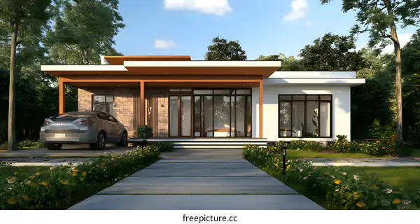 Modern Minimalist House Exterior Design with Car and Greenery