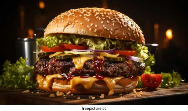 A savory cheeseburger with fresh lettuce, tomato, onion, and sliced pickles on a toasted sesame seed bun