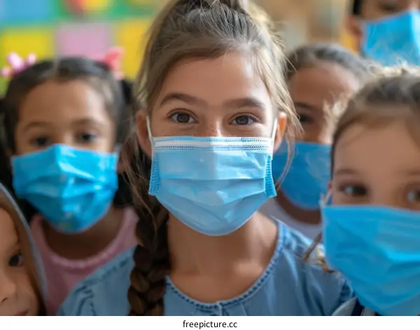 School children wearing surgical masks in classroom