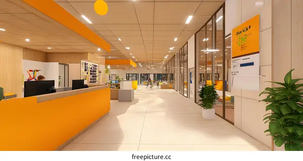 Modern Office Interior Design with Orange and Wooden Accents