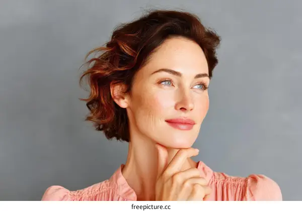 Thoughtful Woman in Light Pink Blouse