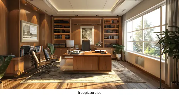 Office interior with wooden walls and furniture, large windows and a green plant