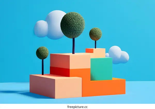 3D Illustration of Colorful Abstract Geometric Shapes with Trees and Clouds