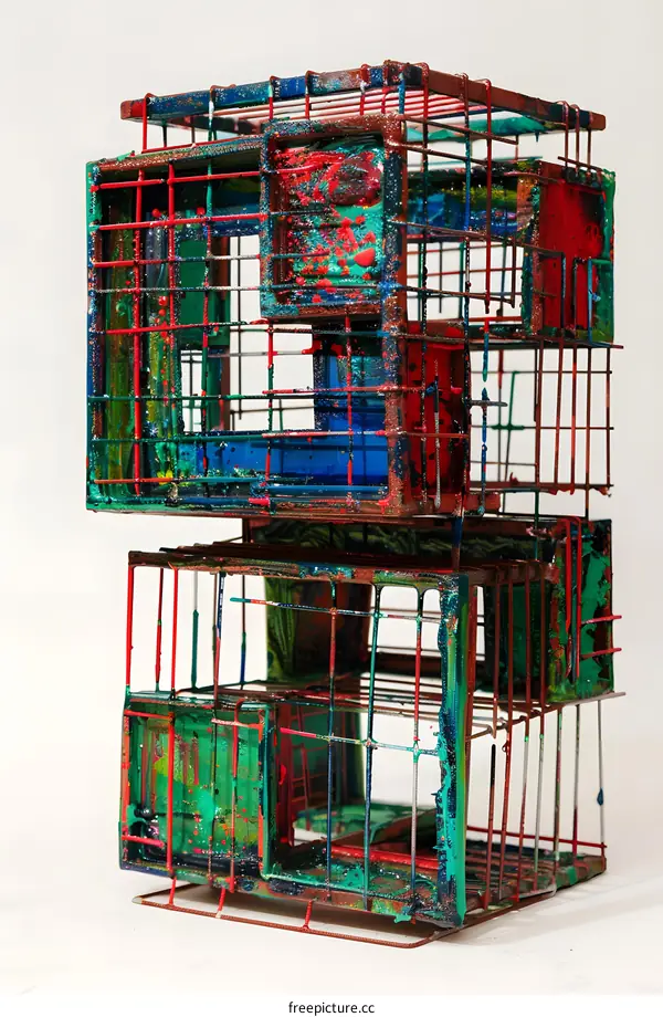Abstract Colorful Metal Cage Sculpture