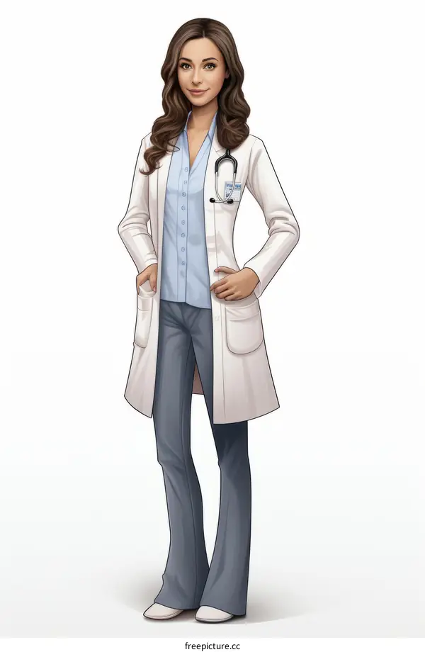 A female doctor in a white coat with a stethoscope around her neck