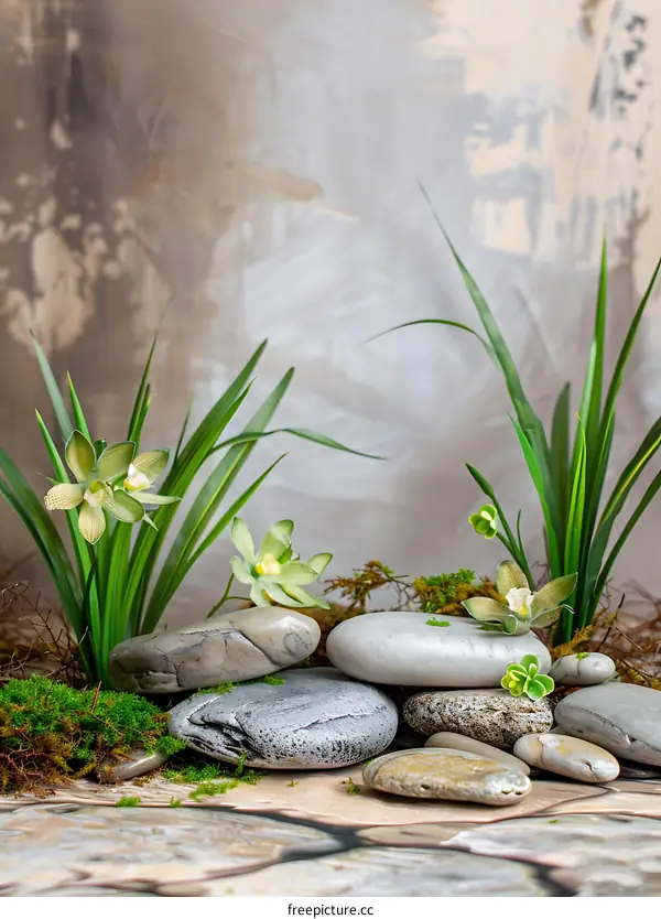 Green Plants and Stones with a Blurry Background