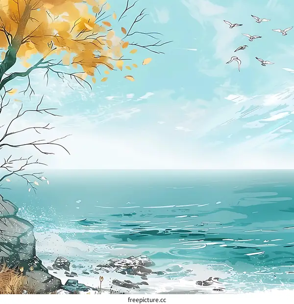 Autumn Leaves Falling Over the Ocean