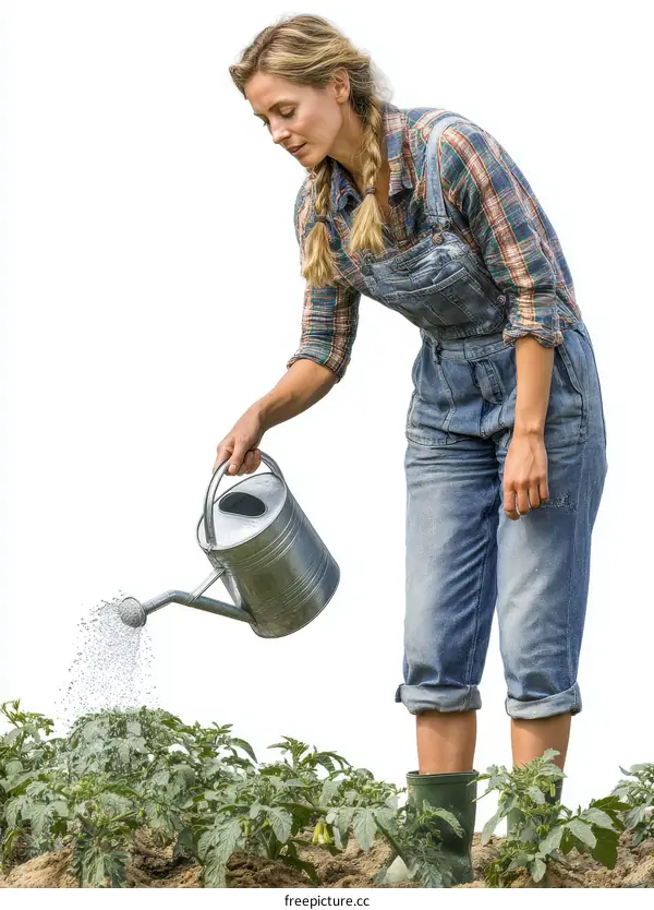 Woman Gardener Watering Tomato Plants in Garden