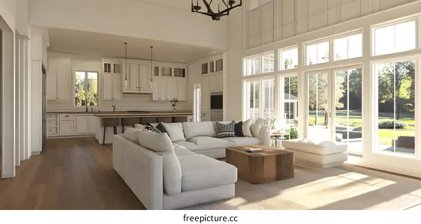 Modern Farmhouse Living Room Interior Design with White Sofa and Large Windows