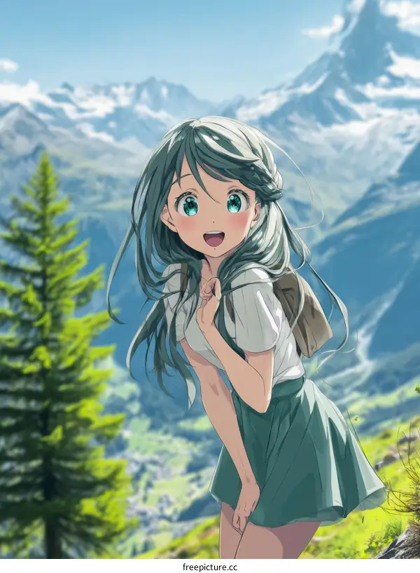 Anime Girl in the Mountains Smiling