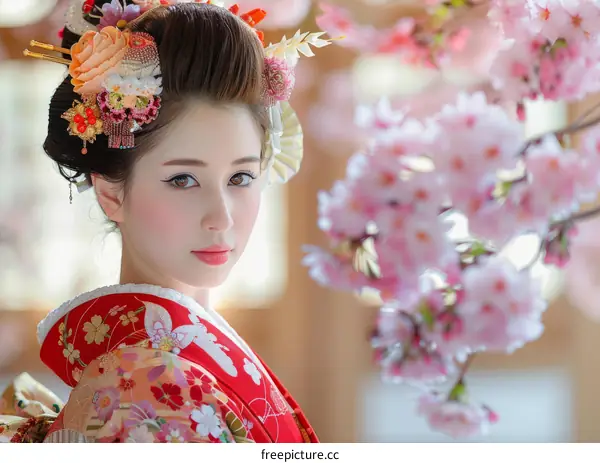 Portrait of a beautiful Japanese woman in traditional kimono with pink cherry blossoms