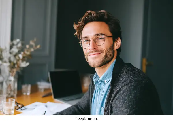 Caucasian Man Smiling at the Camera in a Modern Office Setting