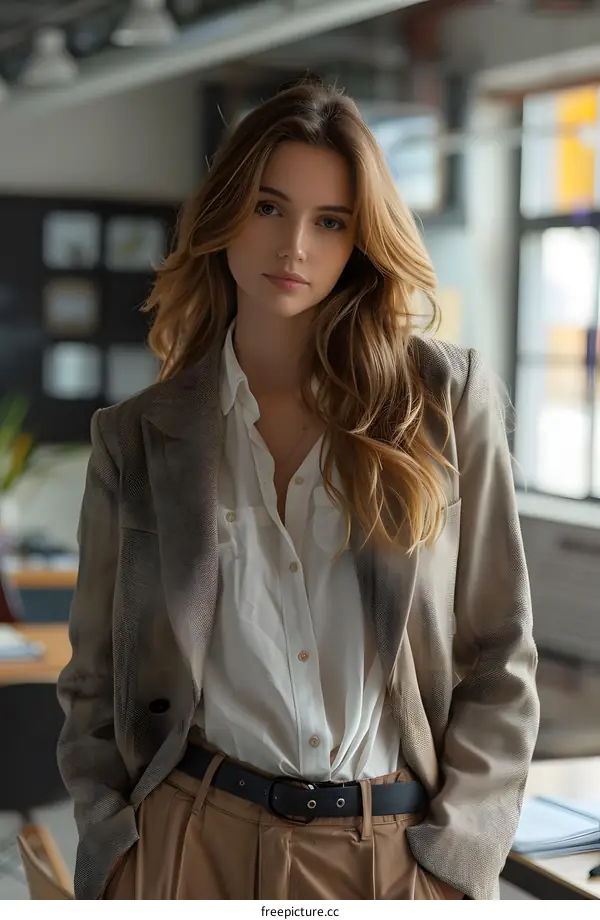 portrait of a beautiful young woman with long blond hair wearing a white shirt and brown jacket