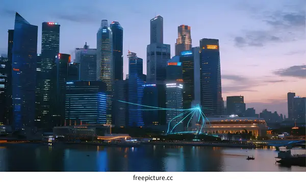 Modern Urban Skyline with Futuristic Digital Elements at Dusk