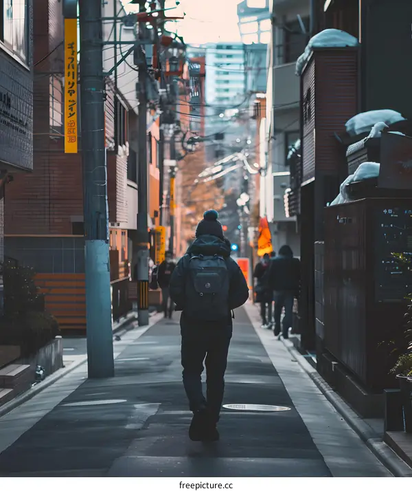 Lonely Man Walking Through Narrow Street in Japan