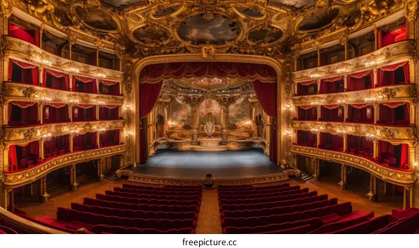 An empty theater with red velvet seats and a stage with red curtains