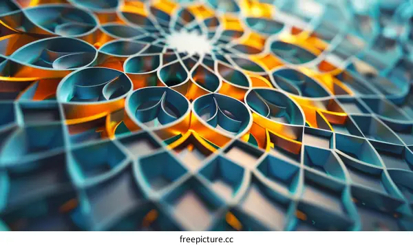 Symmetrical Mandala 3D Illustration in Blue and Orange