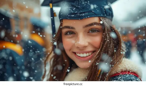 A young woman in a graduation cap and gown smiles in the snow