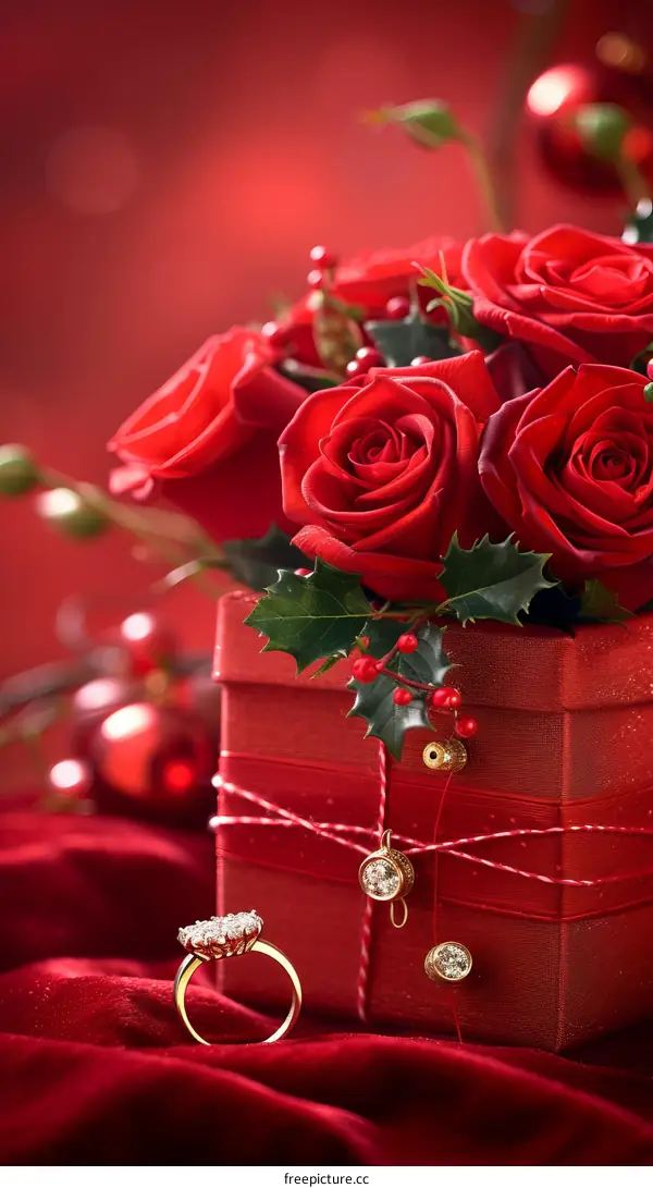 Red roses and diamond ring on red velvet