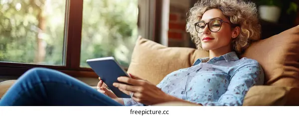 Woman Relaxing with Tablet in Cozy Home