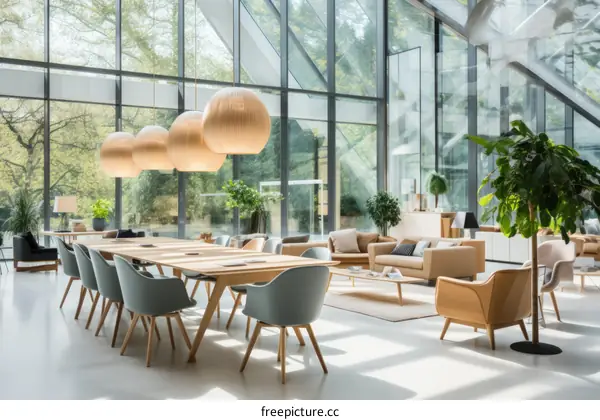 Large conference room with modern furniture and large windows